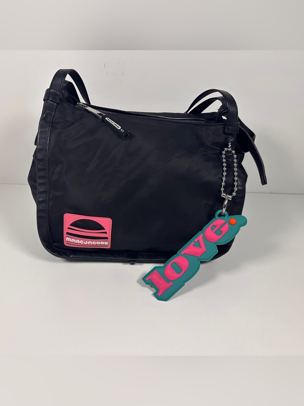 Marc Jacobs Black Nylon Shoulder Bag with Pink Logo Patch and Teal-Pink Charm